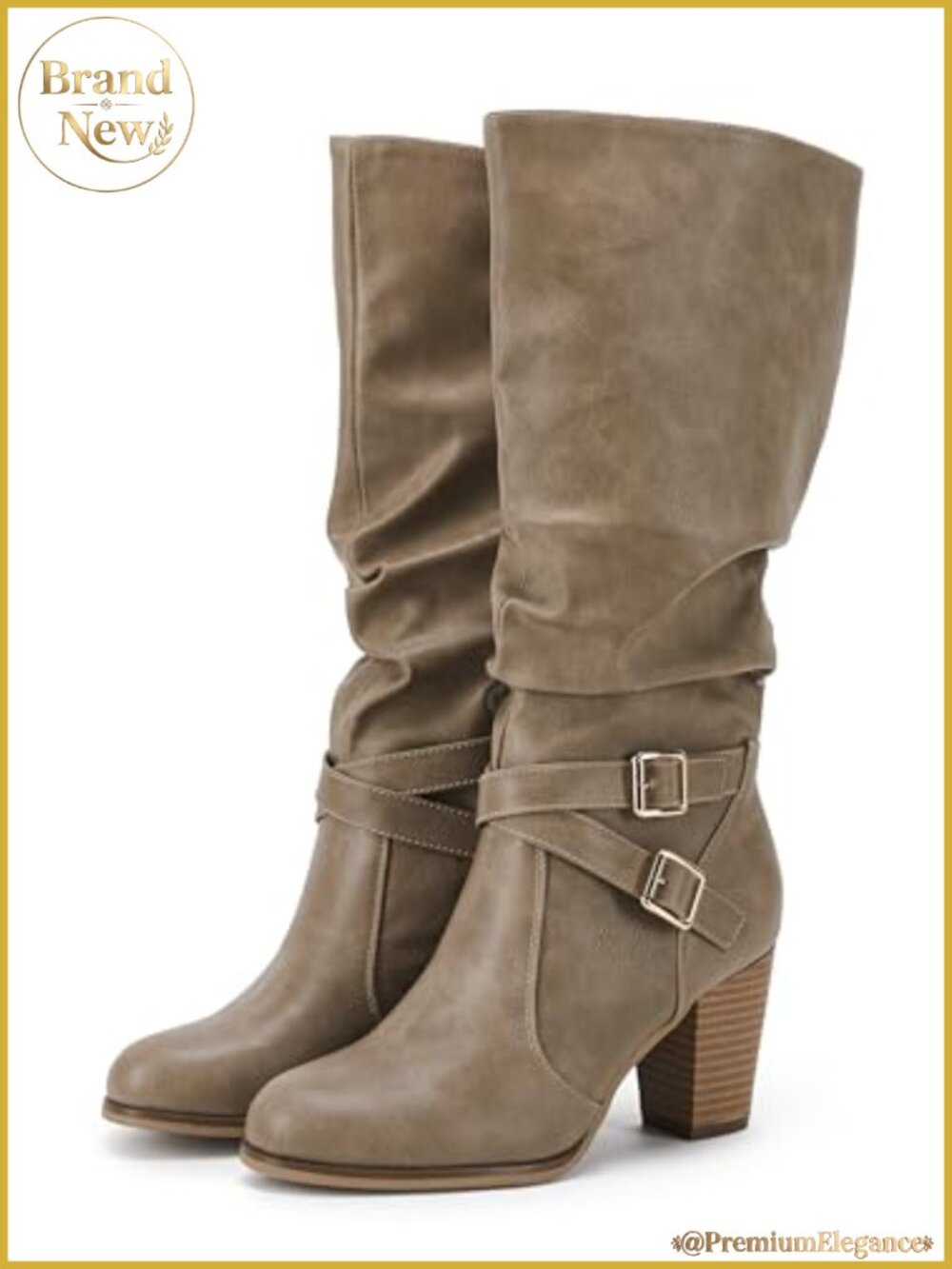 Faux Leather Mid-Calf Boots Chunky Heel Metal Buckle Side Zip Winter